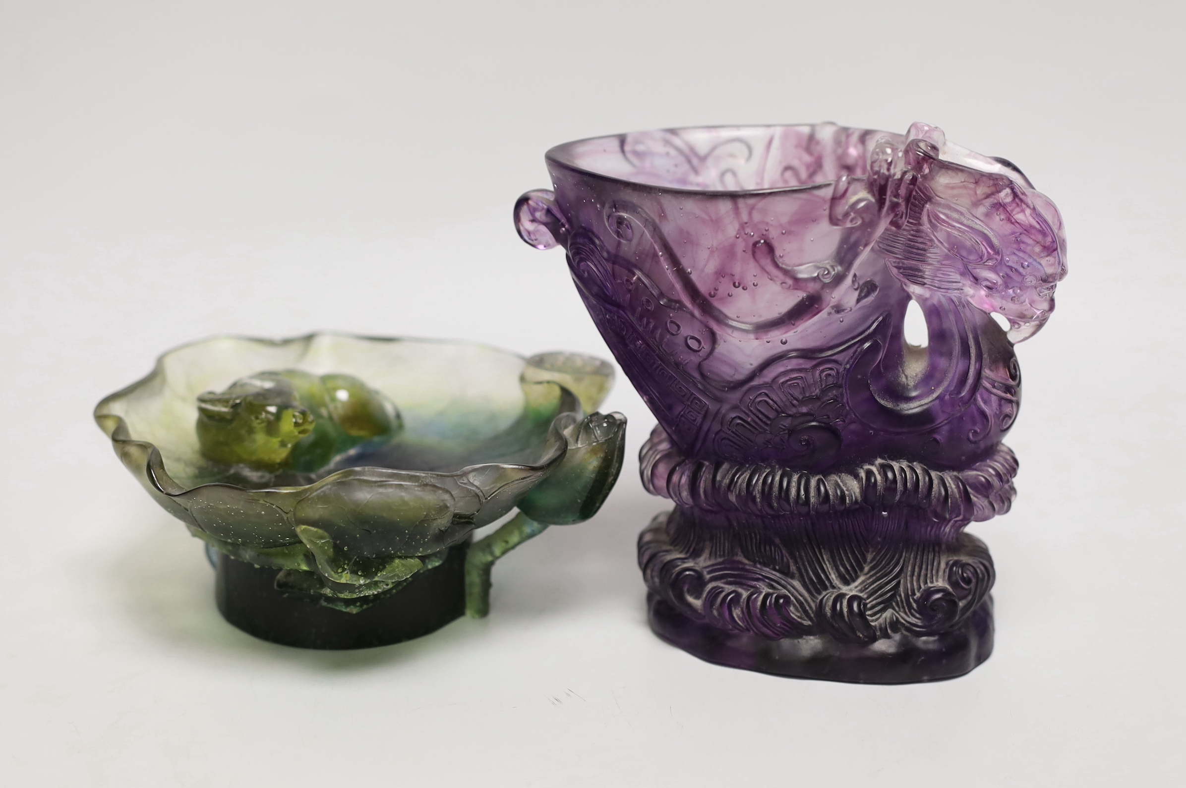 A contemporary Chinese amethyst glass tinted libation cup, signed to underside, 13cm, together with a similar water pot